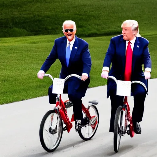 Image similar to joe biden and donald trump drunkenly riding a tandem bike together, laughing and joking,