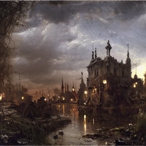 Image similar to painting hr giger tent in a landscape, scifi gadgets in a pond, floral ornaments light beams night, street lights, andreas achenbach