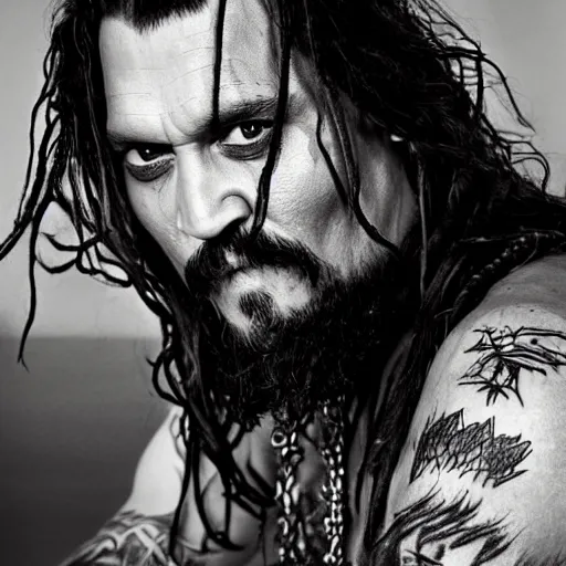 Image similar to portrait of johnny depp as khal drogo from games of thrones, mascular, broad shoulder, very long hair, long beard with dreadlocks, tattooed body, six packs, symmetrical, nikon 3 5 mm photography, ultrarealistic