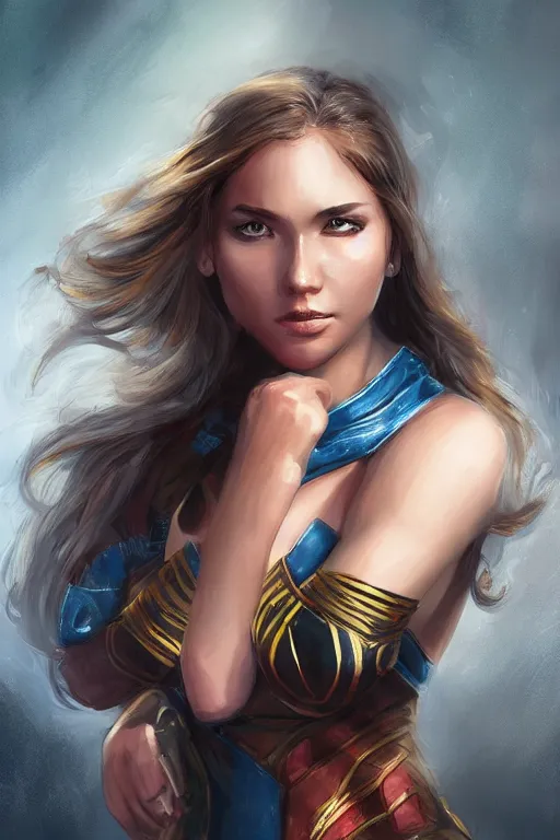 Image similar to three quarters portrait pose of a beautiful woman,super hero costume,heroic pose,highly detailed, digital painting,illustration, art by Stanley Lau