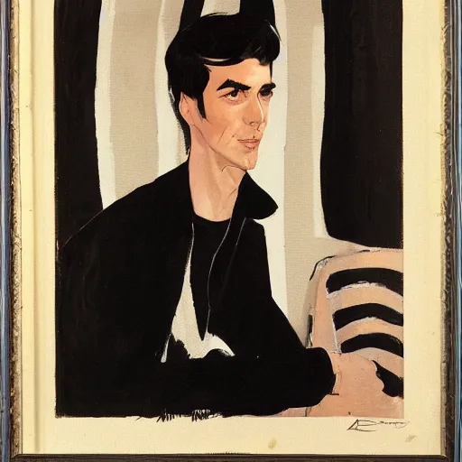 Image similar to art of a portrait by marc davis, a man in his thirties, mix between french, turkish and russian, short black hair with bangs, very tall and slender, wearing a retro - futuristic beige and black utilitarian jumpsuit.