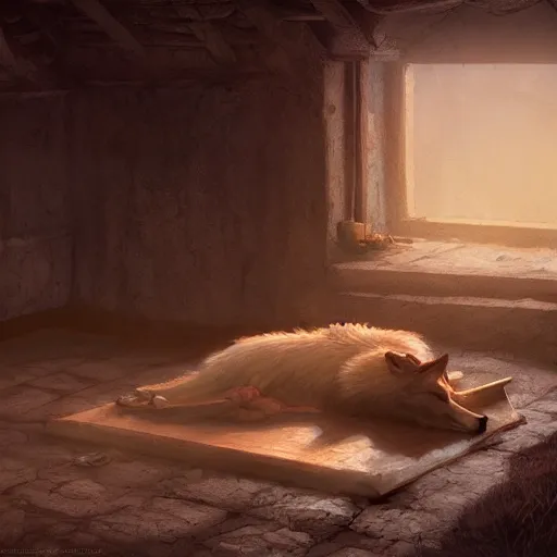 Prompt: medieum shot of a warg wolf sleeping on a mat in a corner of a adobe house, torchlit, concept art by marc simonetti and christophe vacher, trending on artstation