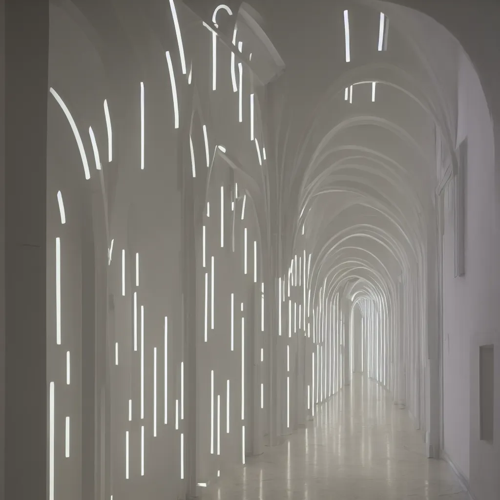 Image similar to hallway with arches lit by soft neon, dan flavin, dezeen, 50mm, pentax, film