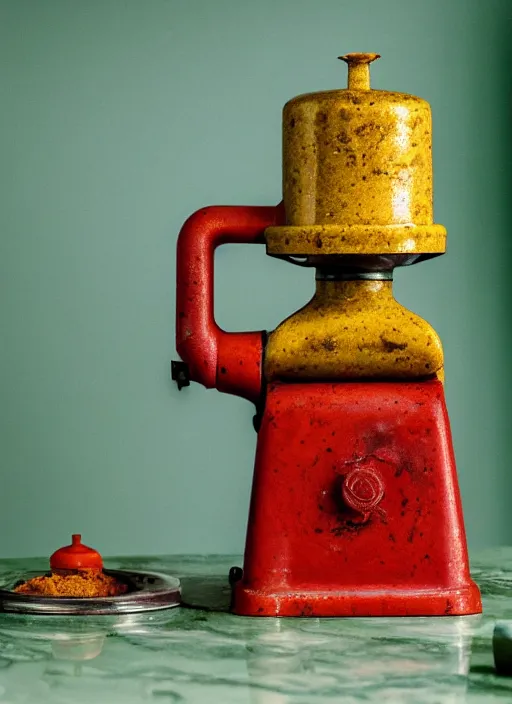 Prompt: a rusty vintage meat grinder full of mustard and ketchup on a green marble table