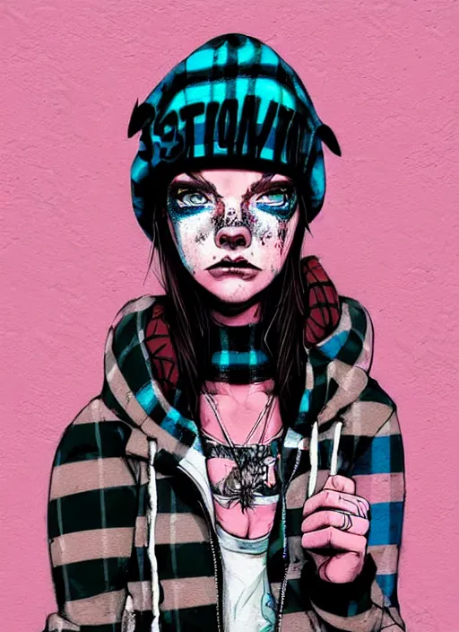 Image similar to highly detailed portrait of an american sewer punk lady student, blue eyes, tartan hoody, hat, white hair by atey ghailan, by greg tocchini, by kaethe butcher, by james gilleard, gradient pink, black, brown, cream and light blue color scheme, grunge aesthetic!!! ( ( graffiti tag wall ) )