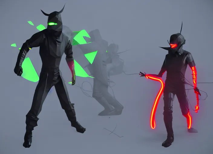 Image similar to low poly model of a neon ninja in an epic battle with a demon, sci-fi, cinematic, 12k, unreal engine