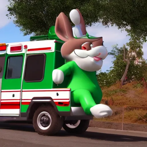 Image similar to big chungus meme, anthropomorphic ambulance shaped like big chungus, fat bugs bunny shaped ambulance, highly detailed 3 d render, unreal engine 5