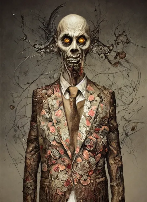 Image similar to a beautifully rendered portrait of an upright and fed up intricately hand - carved zombie wearing a floral embroidered blazer, by gerald brim and tom bagshaw and beksinski, trending on artstation, 8 k, full subject in frame, upright