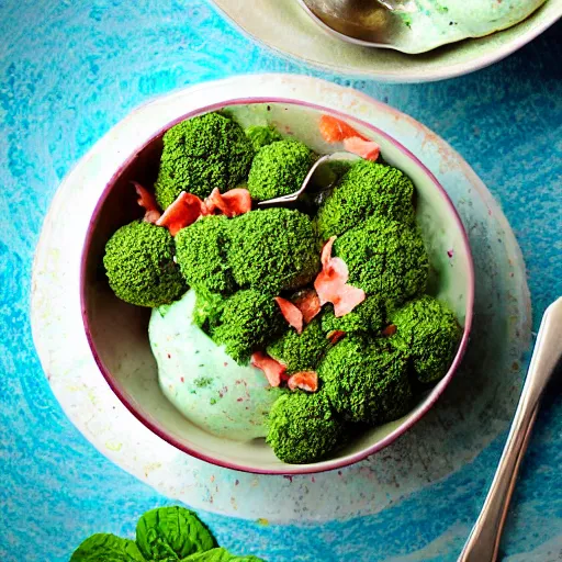 Prompt: broccoli salmon mint chocolate ice cream