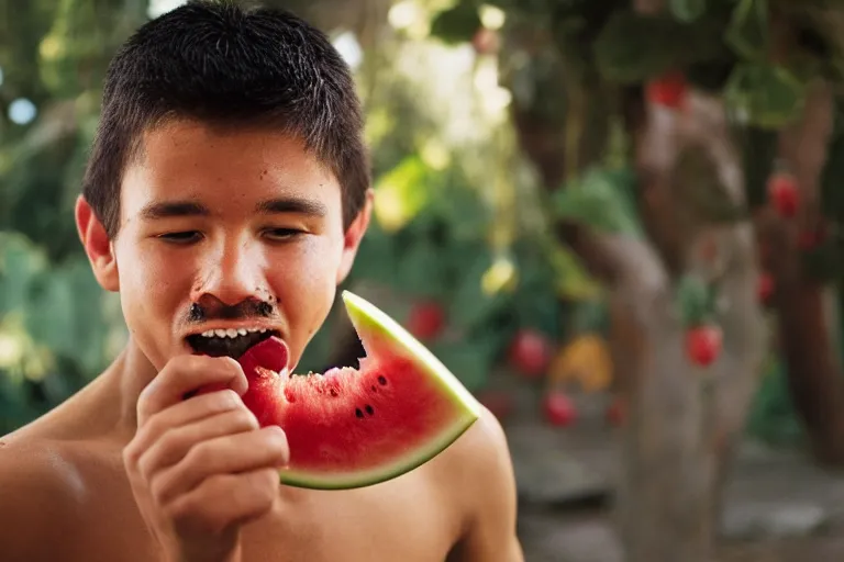 Image similar to closeup portrait of a young man punching a watermelon into a smoothie, magazine, press, photo, steve mccurry, david lazar, canon, nikon, focus