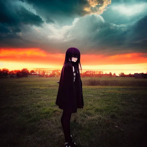 Image similar to 1 7 - year - old anime goth girl, black hair, long bob cut, long bangs, gothic coat, golden hour, partly cloudy sky, red clouds, orange sky, old town, strong lighting, strong shadows, vivid hues, ultra - realistic, sharp details, subsurface scattering, intricate details, hd anime, 2 0 1 9 anime