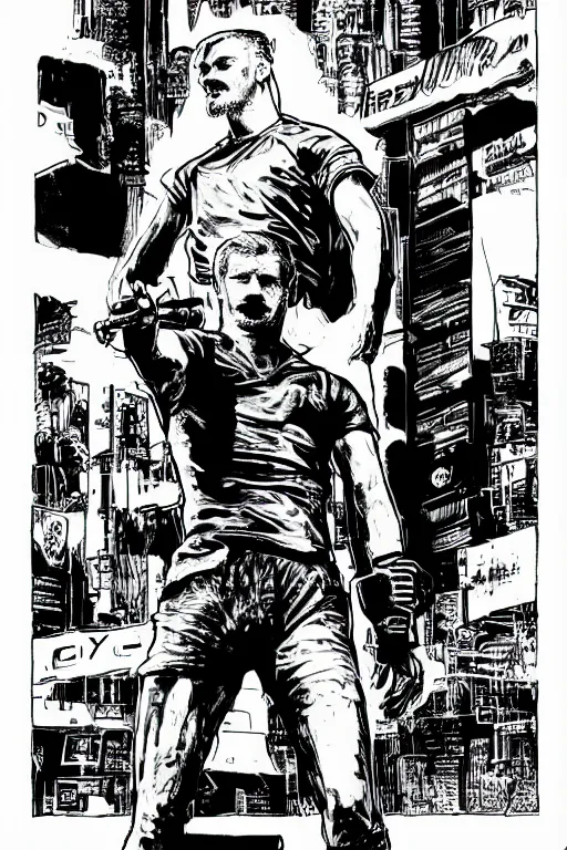 Image similar to jamie vardy standing heroically, a page from cyberpunk 2 0 2 0, style of paolo parente, style of mike jackson, adam smasher, johnny silverhand, 1 9 9 0 s comic book style, white background, ink drawing, black and white