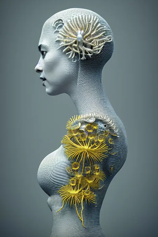 Image similar to intricate hyper detailed ultra sharp 3 d render of a beautiful porcelain biomechanical woman profile portrait, large pore fungi embroidered, rays of shimmering light, cyberpunk art nouveau, haute couture alexander mcqueen silver leaves stems dahlia transparent fractal dandelion yellow pistil filigree roots, octane render, volumetric cinematic lighting, 8 k post - production