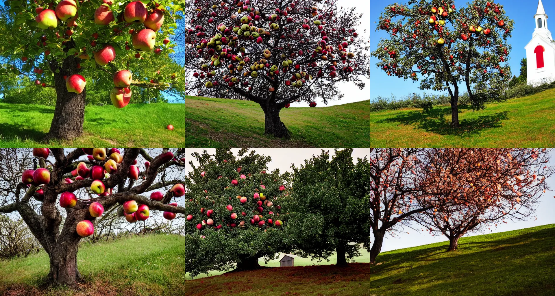 Prompt: tree with apples on hill in front of white church