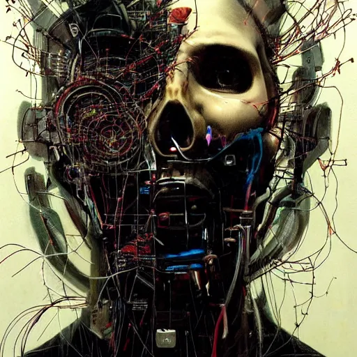 Image similar to in a dark room, a male cyberpunk hacker, skulls, wires cybernetic implants, machine noir steelpunk grimcore, in the style of adrian ghenie esao andrews jenny saville surrealism dark art by james jean takato yamamoto and by ashley wood