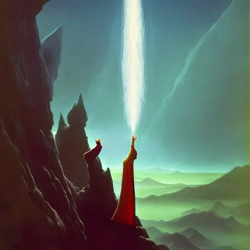 Image similar to The wizard merlin stands with staff on a mountain firing an epic ice beam into a dragon, by Zdzisław Beksiński, trending on artstation, 8k, landscape photo-reality, landscape photo-imagery