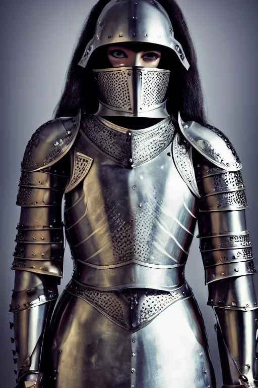 Image similar to medieval female knight, armor design by louis vuitton in collaboration with versace, no helmet, symmetrical, cinematic, elegant, demonic atmosphere, professional studio light, real dlsr photography, sharp focus, 4 k, ultra hd, sense of awe