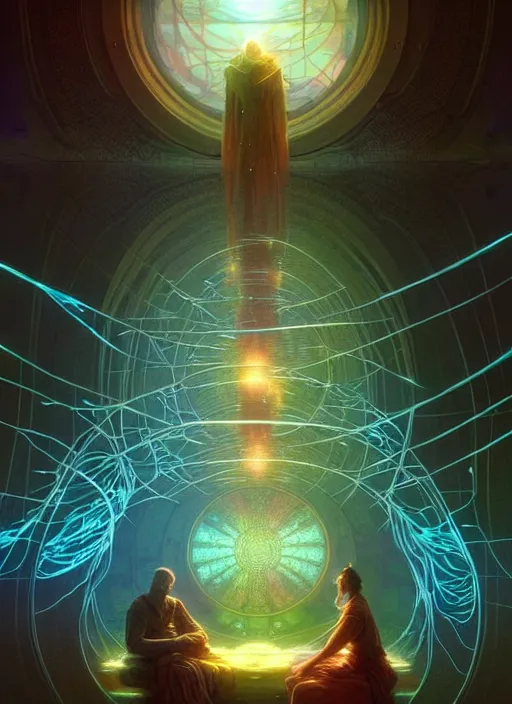 Image similar to high depth, inside fractals!! calm, healing, resting, life, hybrids, scifi, glowing lights!!, published concept art, mixed medias, image overlays, sharp focus, thin glowing wires, winning illustration, art by greg rutkowski and alphonse mucha, singularity!!!, 3 6 0 projection