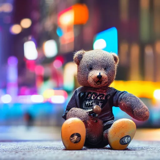 Image similar to skateboard teddy bear skateboarding in time square, bokeh, hyper realistic, street photography
