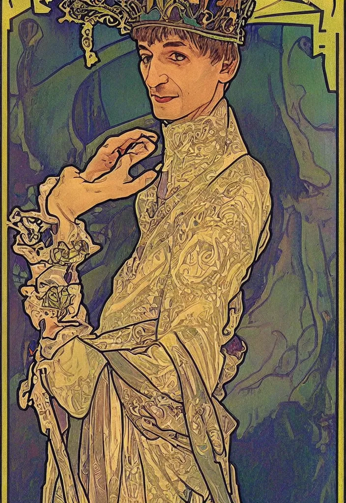 Image similar to realistic geoffrey hinton in a crown on a tarot card, tarot in art style by alphonse mucha