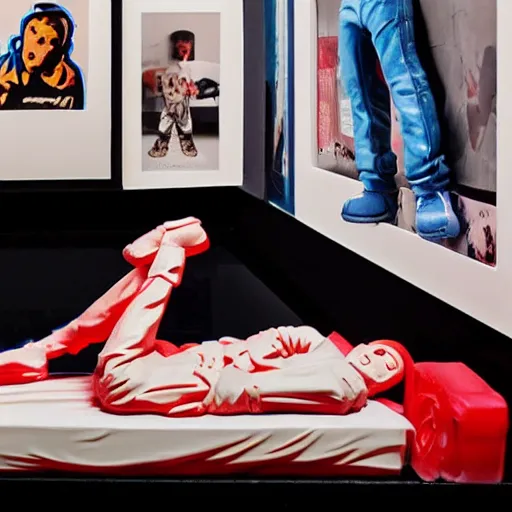 Image similar to eminem lying in tracey emin's bed, stop motion vinyl action figure, plastic, toy, butcher billy style