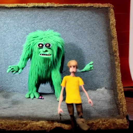 Image similar to still from the stop - motion short film the nerdventures of geoffrey and bobbamus, film by derek blankenship on youtube, yeti and loch ness monster, movie photo