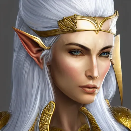 Image similar to side portrait!!! of a female elven warrior, fantasy, head tilted down, white hair, gold armour, gold jewelry, white skin, detailed face!!!!!, trending on artstation, gsociety, D&D, elegant, symmetrical facial features, highly detailed, sophisticated, hyperrealistic, detailed illustration, smooth, sharp focus, upper body, intricate, rule of thirds, holy glow, backlit, hd 4k by Greg Rutkowski, Charlie Bowater, Karol Bak