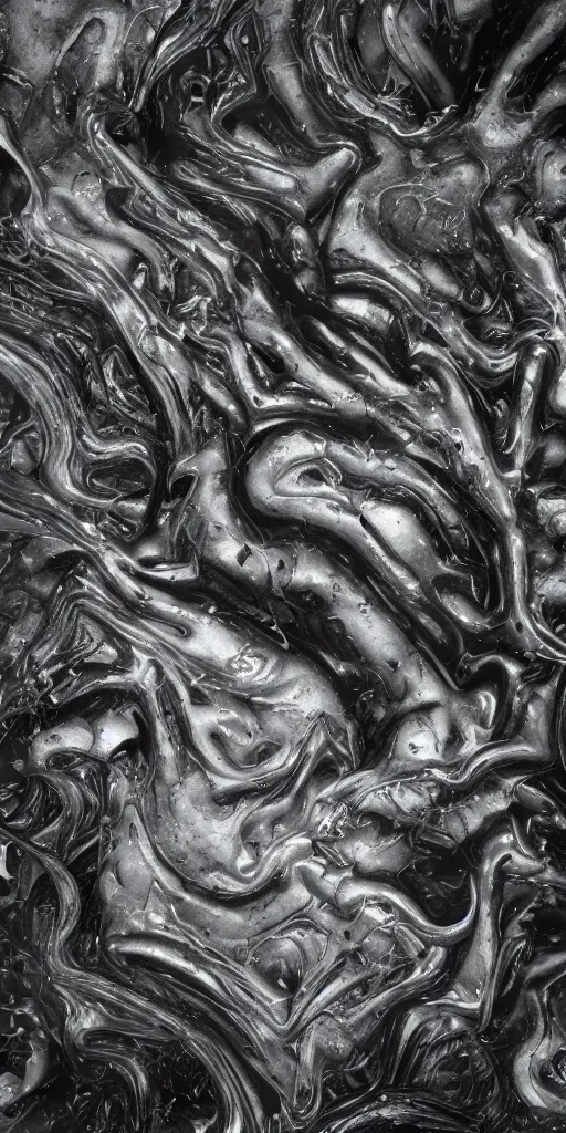 Image similar to a photorealistic render of a neotribal melted chrometype on a black background, greyscale, made of melted plastic and marble, maya, by zhelong xu and ernst haeckel, wide angle, hyper realistic, volumetric lightning, octane render