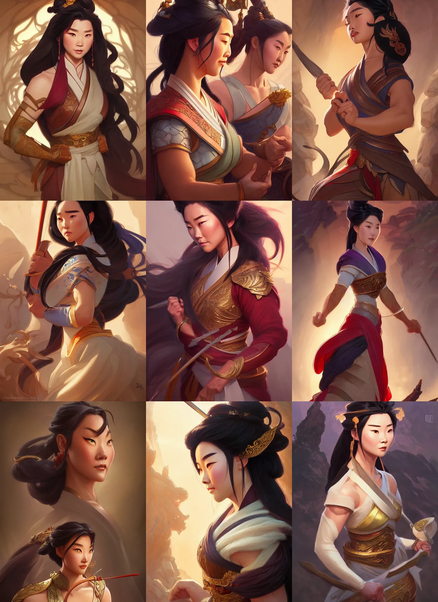 Prompt: characters from the mulan and hercules crossover, d & d, fantasy, intricate, elegant, highly detailed, digital painting, artstation, concept art, matte, sharp focus, illustration, hearthstone, art by artgerm and greg rutkowski and alphonse mucha