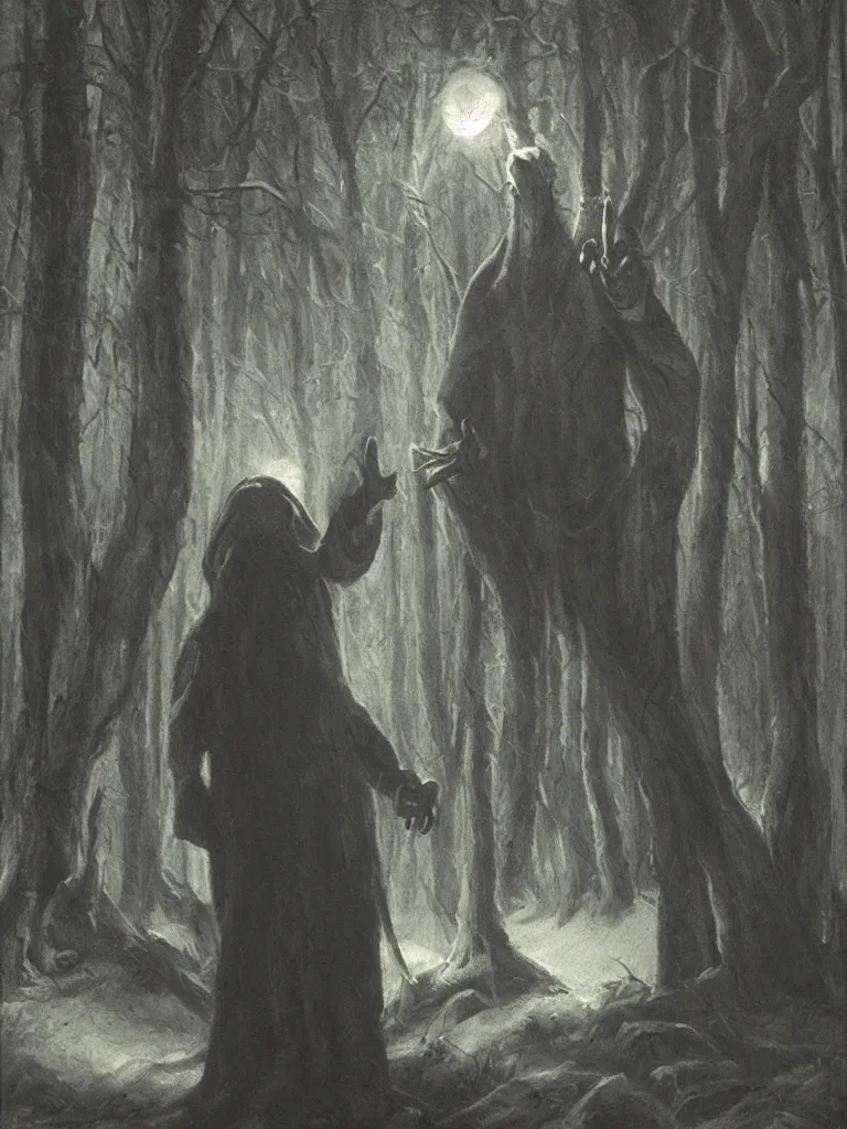 Prompt: Warlock walking in dark spruce woods and casting a spell with his hand. Chiaroscuro oil painting.