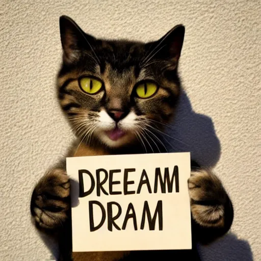 Prompt: realistic high quality photo of a cute cat holding a sign with text that reads : dream,! dream! dreams caaats, cats, cas