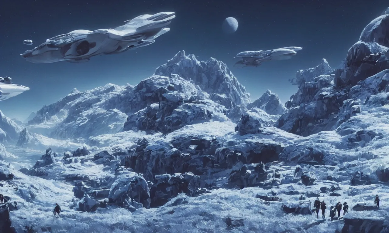 Image similar to frozen planet with mountains in clouds on the background, ravine in front, science-fiction, cinematic lighting, cinematic angle, Syd Mead, Federico Pelat, daylight, blue sky, spaceship in the sky