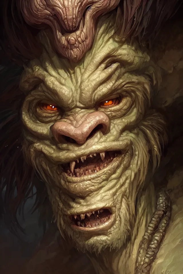 Image similar to close portrait of a blind cave troll, dungeons and dragons, savage monster, intricate, fantasy, extremely detailed, digital painting, artstation, concept art, smooth, sharp focus, illustration, ambient lighting, art by artgerm and greg rutkowski and alphonse mucha and simon stalenhag