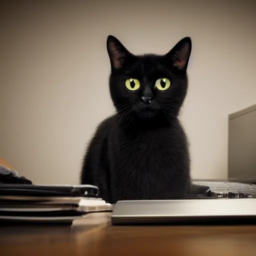 Prompt: black cat sitting at the computer in the office, at night, light from the computer, amazing, epic, mood, 8 k, high detalied, trending on artstation, digital art,