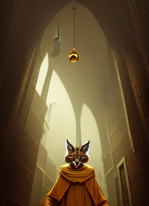 Image similar to cute fluffy anthropomorphic caracal as orthodox priest in golden clothes, caracal head, wearing vr, in orthodox church at background, dynamic lighting, darkness, atmospheric, surrealistic, ambients, dramatic, blurry bokeh cinematic, depth of field, art by bussiere rutkowski andreas rocha