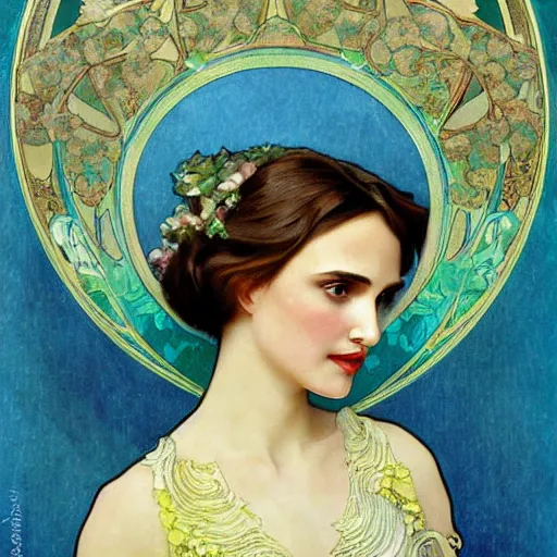 Image similar to a closeup portrait of a young natalie portman, art nouveau, jugendstil, decorative background, spirals, painted by alphonse mucha