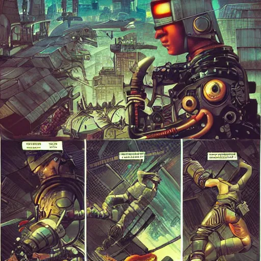 Image similar to combat ninja cyborgs combat in cybercity, golden hour, art by petros afshar and carl barks and hieronymus bosch and santiago caruso, highly detailed