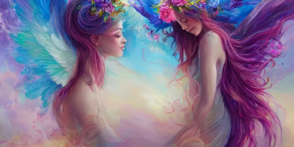 Image similar to a colorful and provenance portrait painting of a angel with her hugeflowers wings spread out gracefully, highly saturated colors, highly detailed, hair made of hair made of air wind and curling smoke, mist, dust, genie, flowers, flower, stars, spirit fantasy concept art, art by charlie bowater and aenami, trending on artstation.