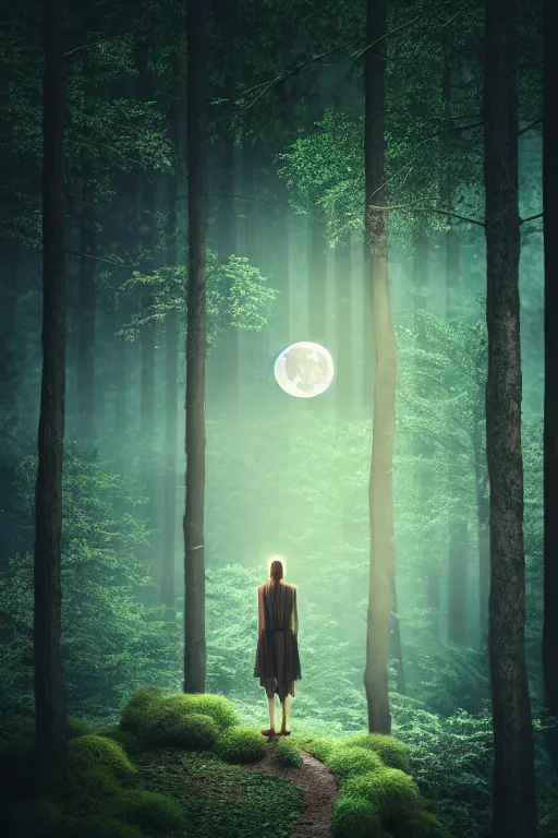 Image similar to high quality fantasy stock photo, unsplash transparent, forest and moon, intricate detail, elegant, hyper realistic, ultra detailed, octane render, volumetric cinematic lighting, 8 k post - production