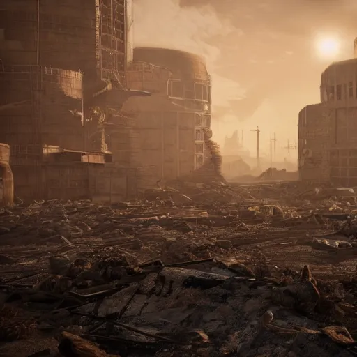 Image similar to apocalyptic wasteland with an economy using every resource to survive, 3d render, Unreal Engine, octane render, ray tracing, Unity, highly detailed, high quality, HD, 4k, 8k, realistic, sharp, trending