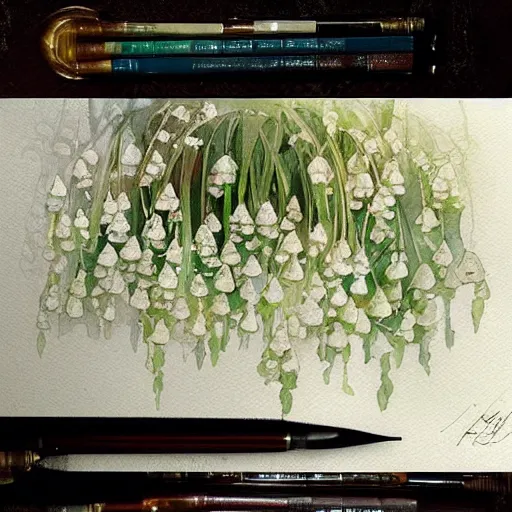 Prompt: a beautifull intricate watercolor painting of lily of the valley, reflexions, verry high details by william turner art, greg rutkowski and alphonse mucha, trending on artstation, very very detailed, masterpiece, - h 7 0 4