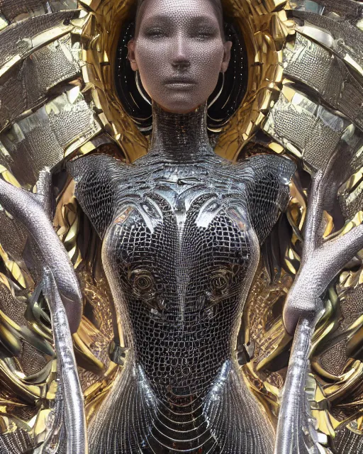 Image similar to a highly detailed metahuman 4 k close up render of an alien goddess bella hadid monument in iris van herpen armor schiaparelli in diamonds crystals swarovski and jewelry iridescent in style of alphonse mucha gustav klimt trending on artstation made in unreal engine 4