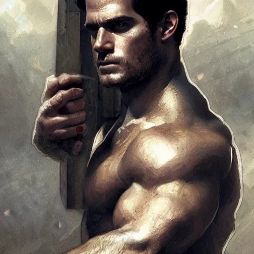 Image similar to henry cavill as a greek gladiator, gorgeous, amazing, muscular, intricate, highly detailed, digital painting, artstation, concept art, sharp focus, illustration, art by greg rutkowski and alphonse mucha