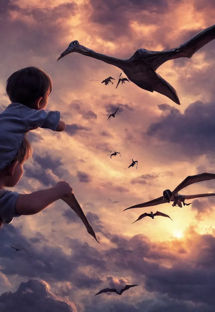 Image similar to a child looking at a pterodactyle flying in the sky in the style of a movie poster, realistic, super detailed, cinematographic, epic lighting