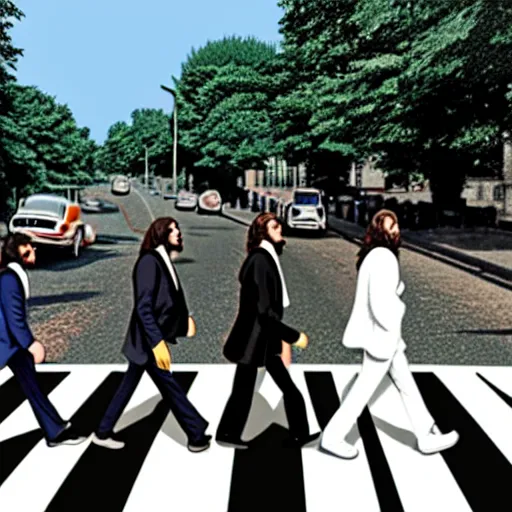 Image similar to 4 men walking on crosswalk on abbey road, city, digital art, 8 k.