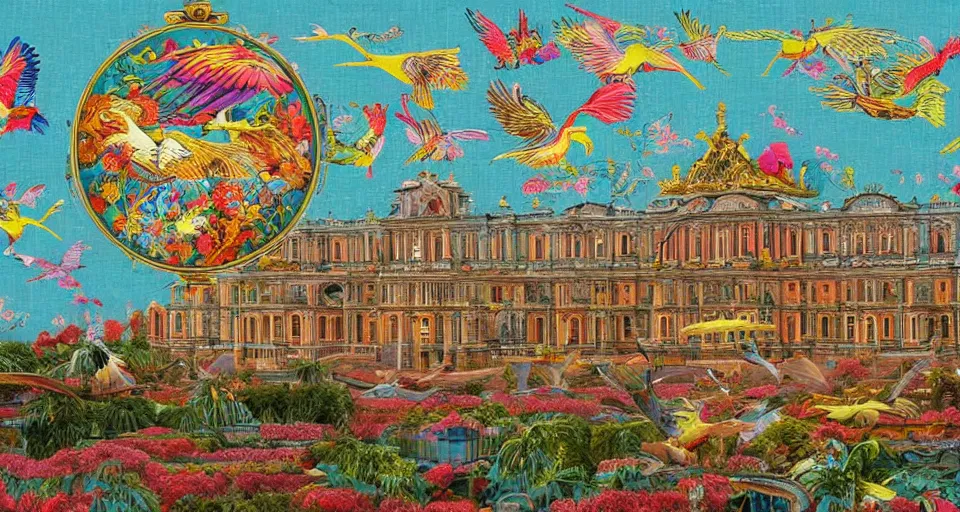 Prompt: a stand-alone building along a river, seen from the long distance. maximalist mixed paper and baroque embroidery fabric collage. huge flamish baroque birds flying. childrenbook illustration in vibrant pastel tones. matte background. HD 8x