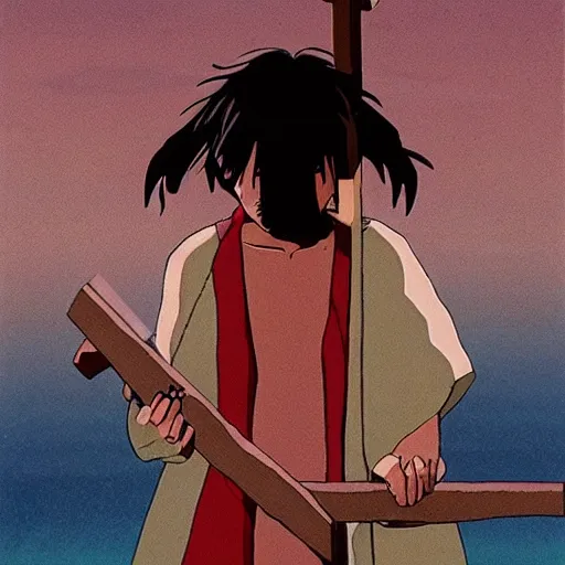 Image similar to poster of a bloodied Jesus carrying his cross, Studio Ghibli