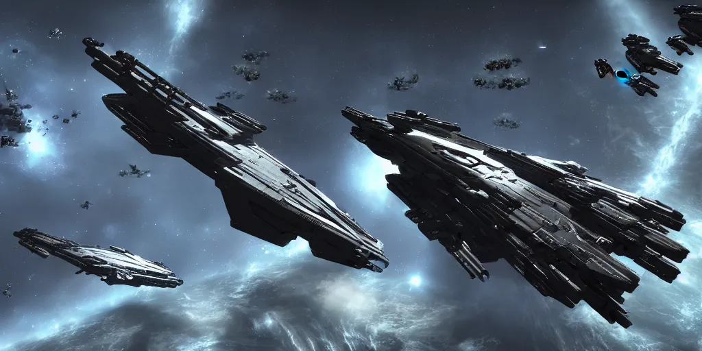 Prompt: absolutely massive eve online spaceship battle, fighters, fleet carriers, recon ships, cruisers, all types of spaceships, extremely detailed, cinematic, by rembrandt