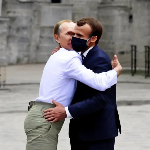 Prompt: emmanuel macron hugging vladimir putin