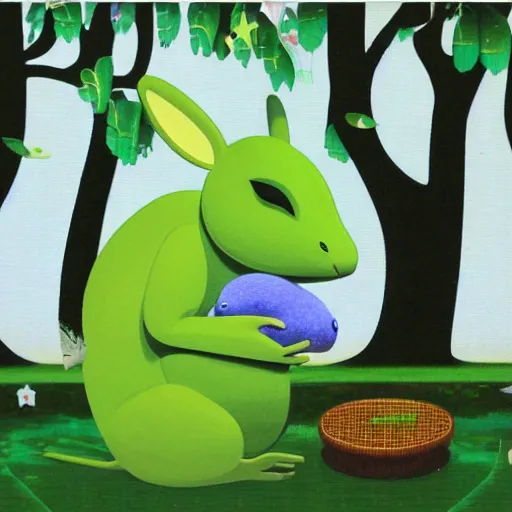 Prompt: a happy green kangaroo by chiho aoshima